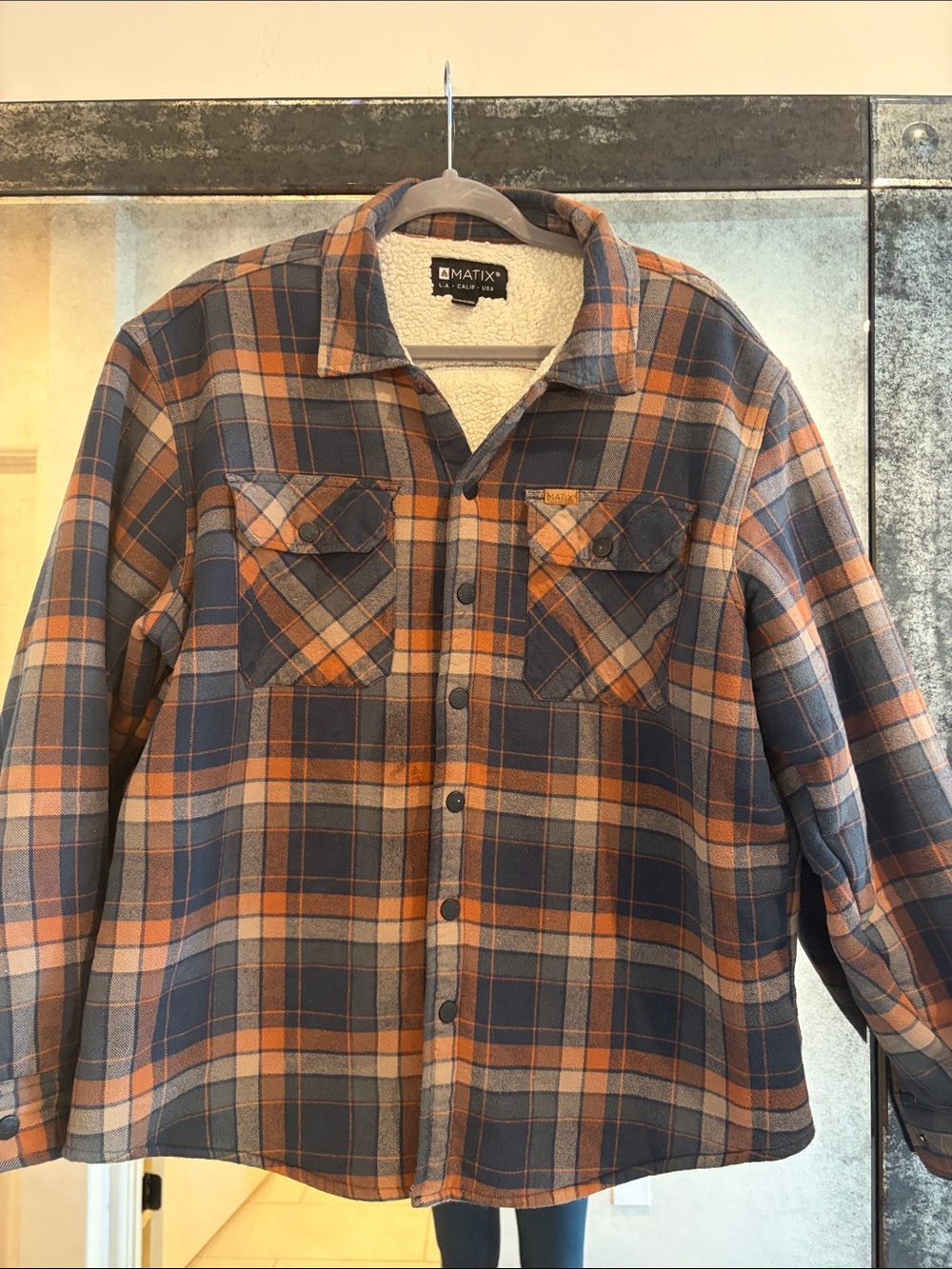 Matix Plaid Sherpa-Lined Button-Up Shirt in Orange and Blue